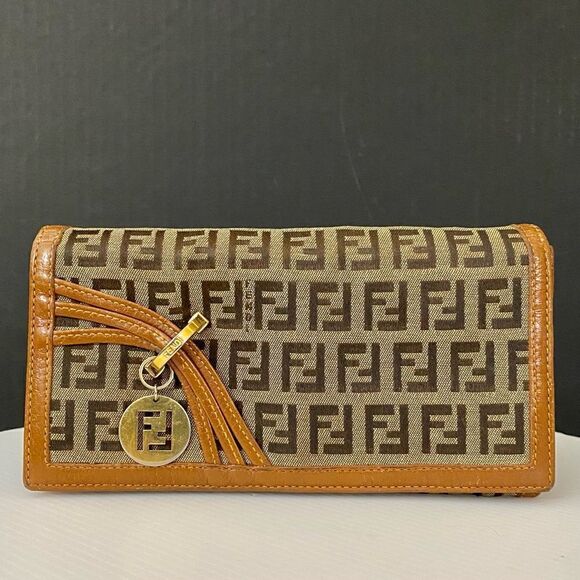 Fendi Handbags - FENDI Zucca Canvas Leather Long Wallet Brown